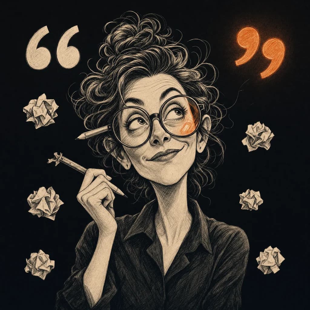 Ink caricature of a copywriter in oversized glasses mid-eureka, crumpled paper balls and quotation marks floating around