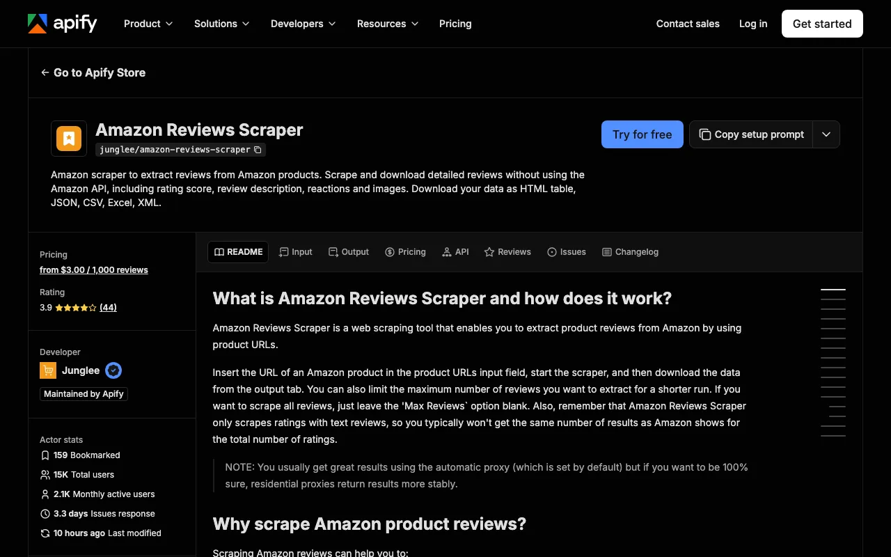 Apify's Amazon Reviews Scraper page