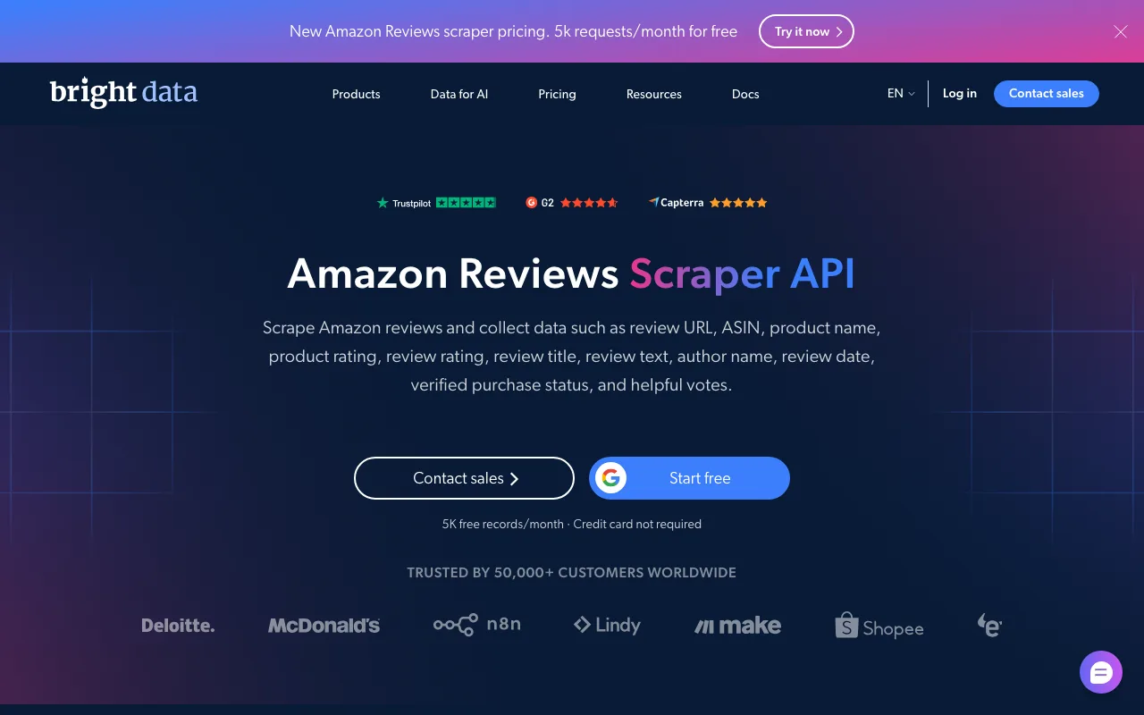 Bright Data's Amazon Reviews Scraper API page