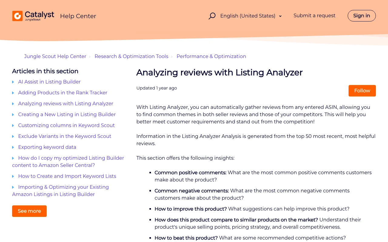 Jungle Scout's help page for review analysis in Listing Analyzer
