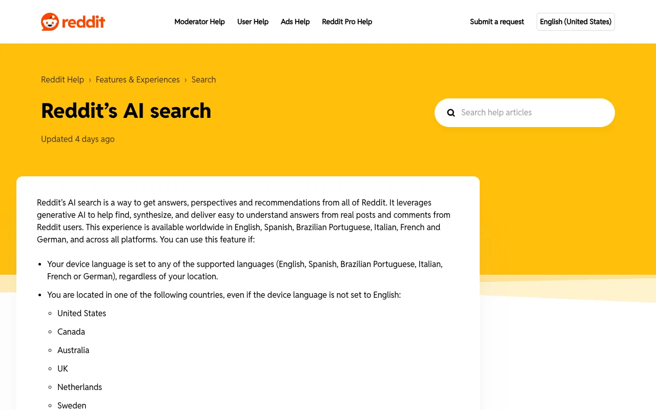 Reddit's help article on AI search