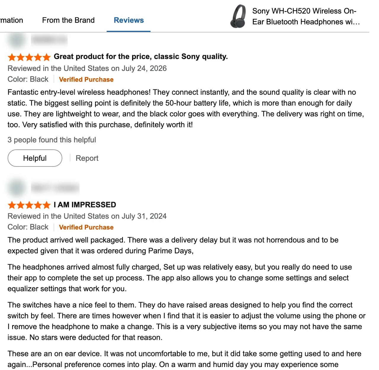 Verified-purchase reviews on an Amazon product page, reviewer identities blurred. The ad angles live in the review text, not the star average.