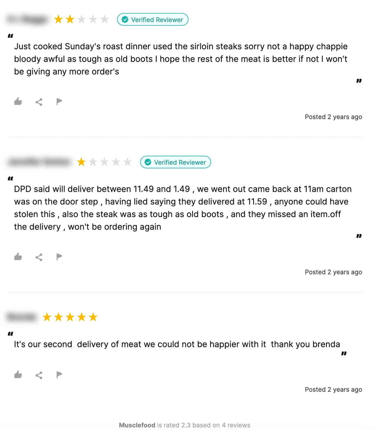 Verbatim customer reviews on Reviews.io, names blurred. Raw material for a voice-of-customer swipe file.